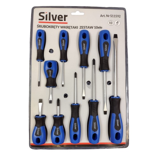 Screwdriver set 10 pcs., Phillips Pozidriv Slotted SILVER Items quantity 10 pcs 331159