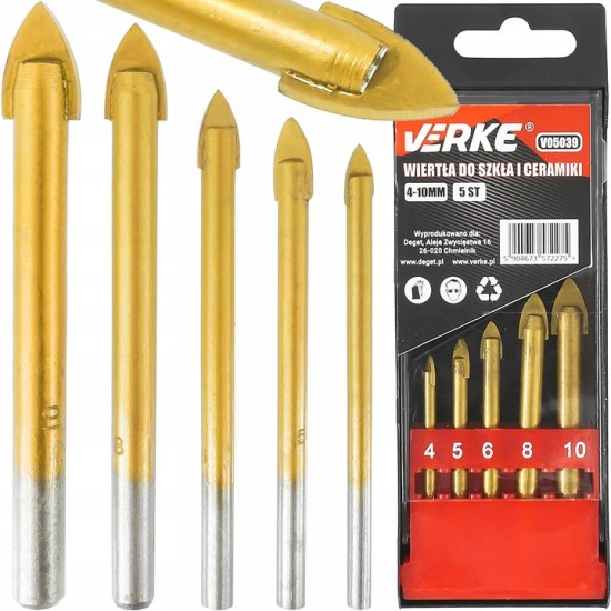 Drills for glass and ceramics 4-10mm, 5pcs. VERKE 380012