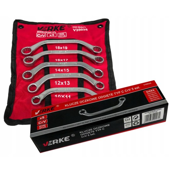 Set of curved C-wrenches (10x11, 12x13, 14x15, 16x17, 18x19 mm), VERKE 380064